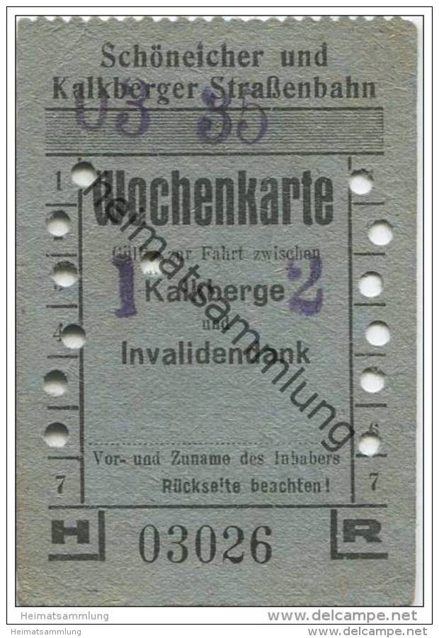 Deutschland - Schöneiche Kalkberge - Schöneicher Und Kalkberger Strassenbahn - Wochenkarte 1935 - Gültig Zur Fahrt Zwisc - Europe