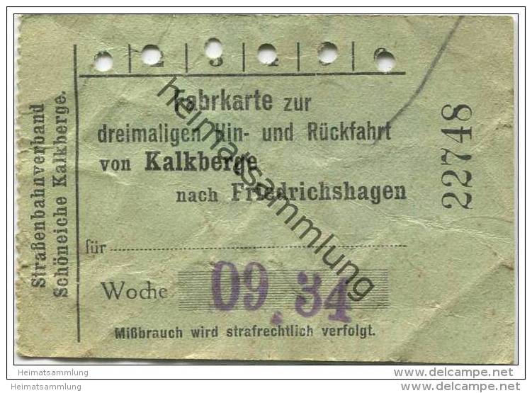 Deutschland - Schöneiche Kalkberge - Strassenbahnverband Schöneiche Kalkberge - Fahrkarte 1934 - Dreimalige Hin- Und Rüc - Europa