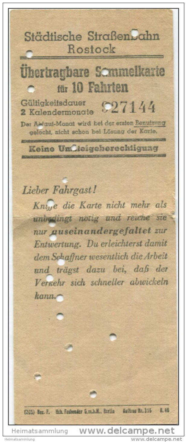 Deutschland - Rostock - Städtische Strassenbahn Rostock - Sammelkarte Für 10 Fahrten 1946 - Europe