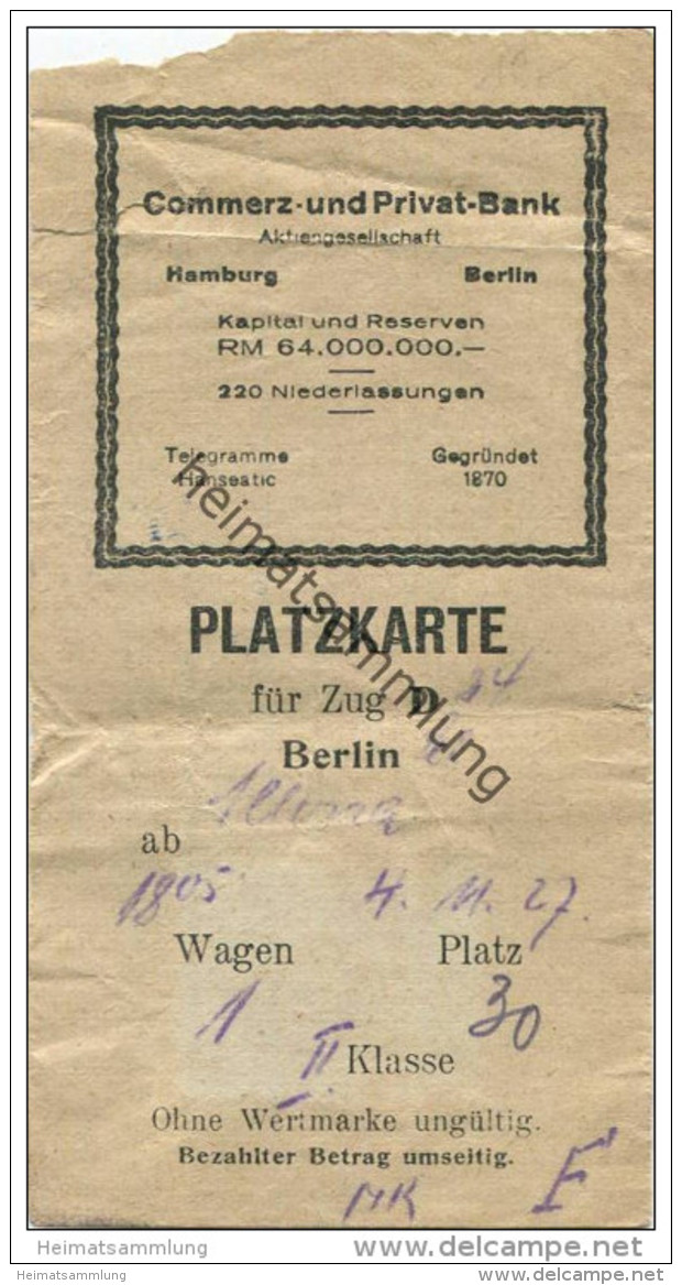 Deutschland - Platzkarte Für D-Zug 34 - Berlin Schlesischer Bahnhof Nach Altona 4. 11. 27 - 2. Klasse  - Wertmarke 1M - Sonstige & Ohne Zuordnung