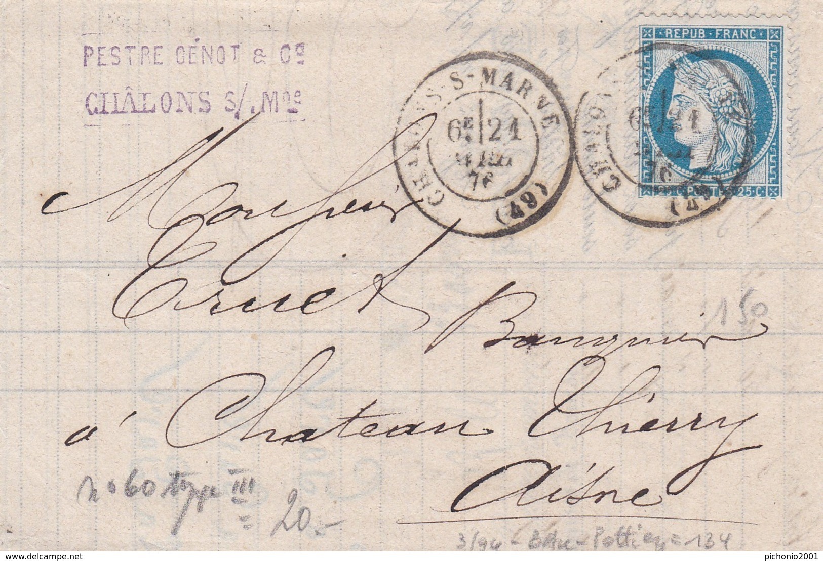 Type CERES  -  Oblitération  CHALONS Sur MARNE Sur Pli Vers CHATEAU THIERRY  Ambulant - 1871-1875 Ceres