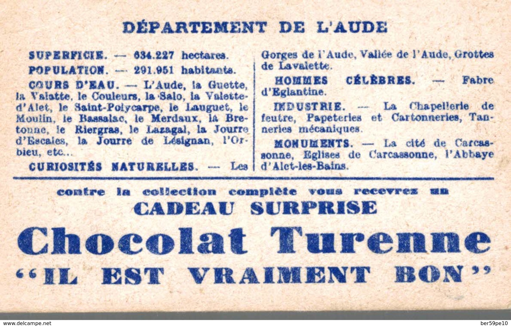 CHROMO CHOCOLAT TURENNE  DEPARTEMENT  DE L'AUDE - Otros & Sin Clasificación