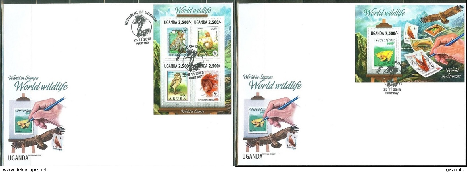 Uganda 2013, Stamps On Stamps, WWF,  Frog, Eagle, Butterfly, Leopard, 4val In BF+BF In 2FDC - FDC