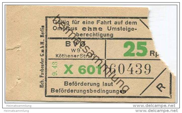 Deutschland - Berlin - BVG - Fahrschein Omnibus 1943 - 25Rpf. - Europa