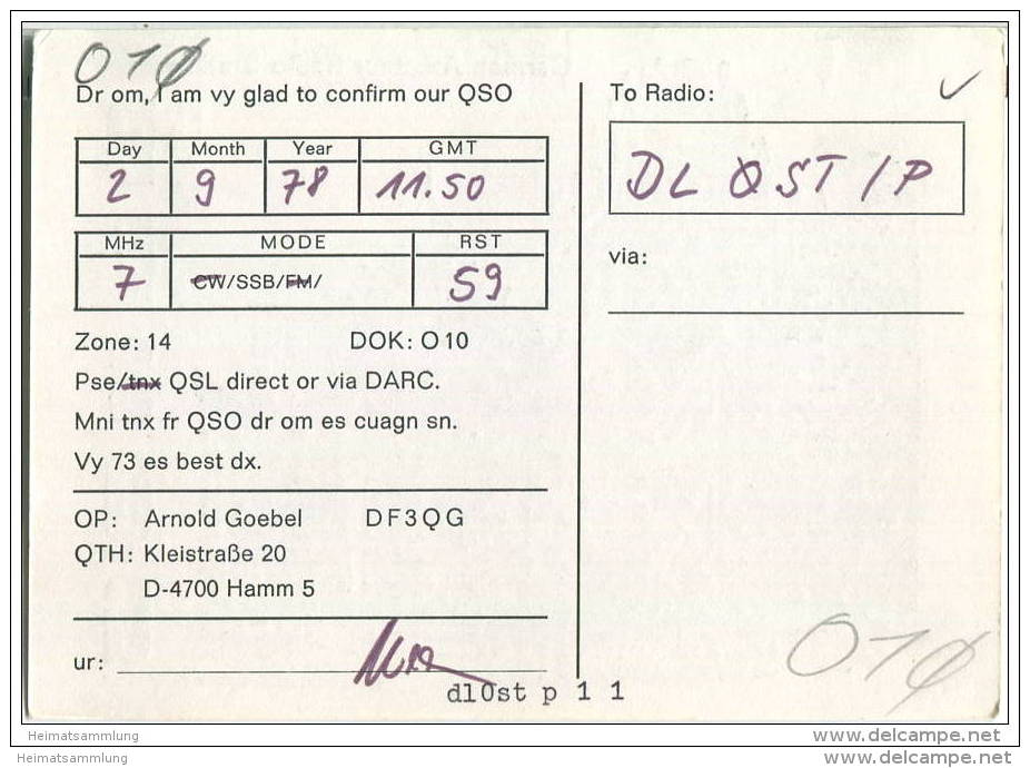 QSL - QTH - Funkkarte - DF3QG - Hamm 5 - 1978 - Radio Amatoriale