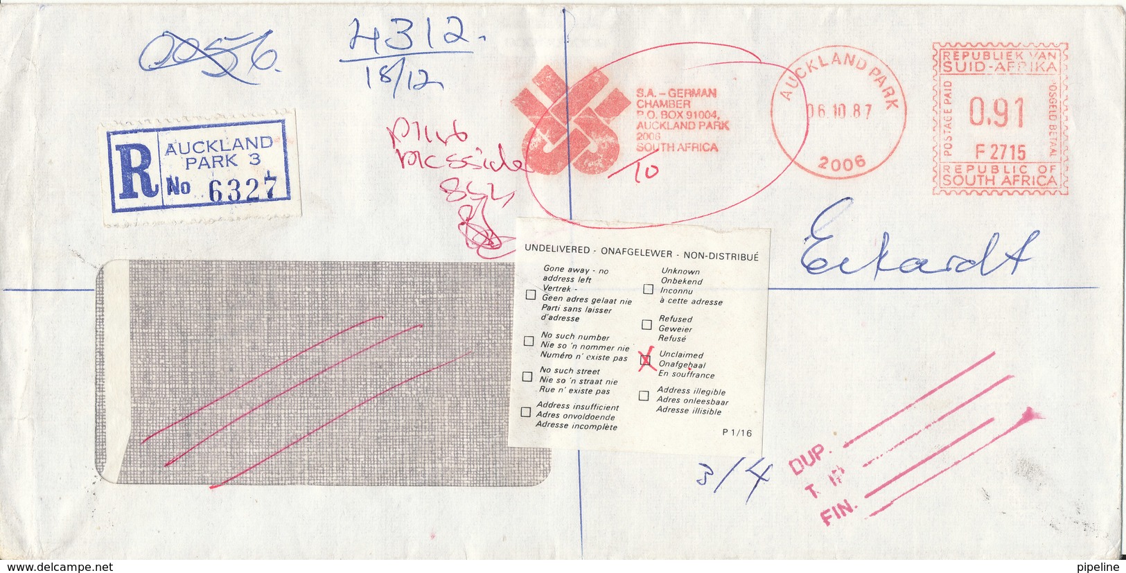 South Africa Registered Cover With Meter Cancel Auckland Park 6-10-1987 - Covers & Documents