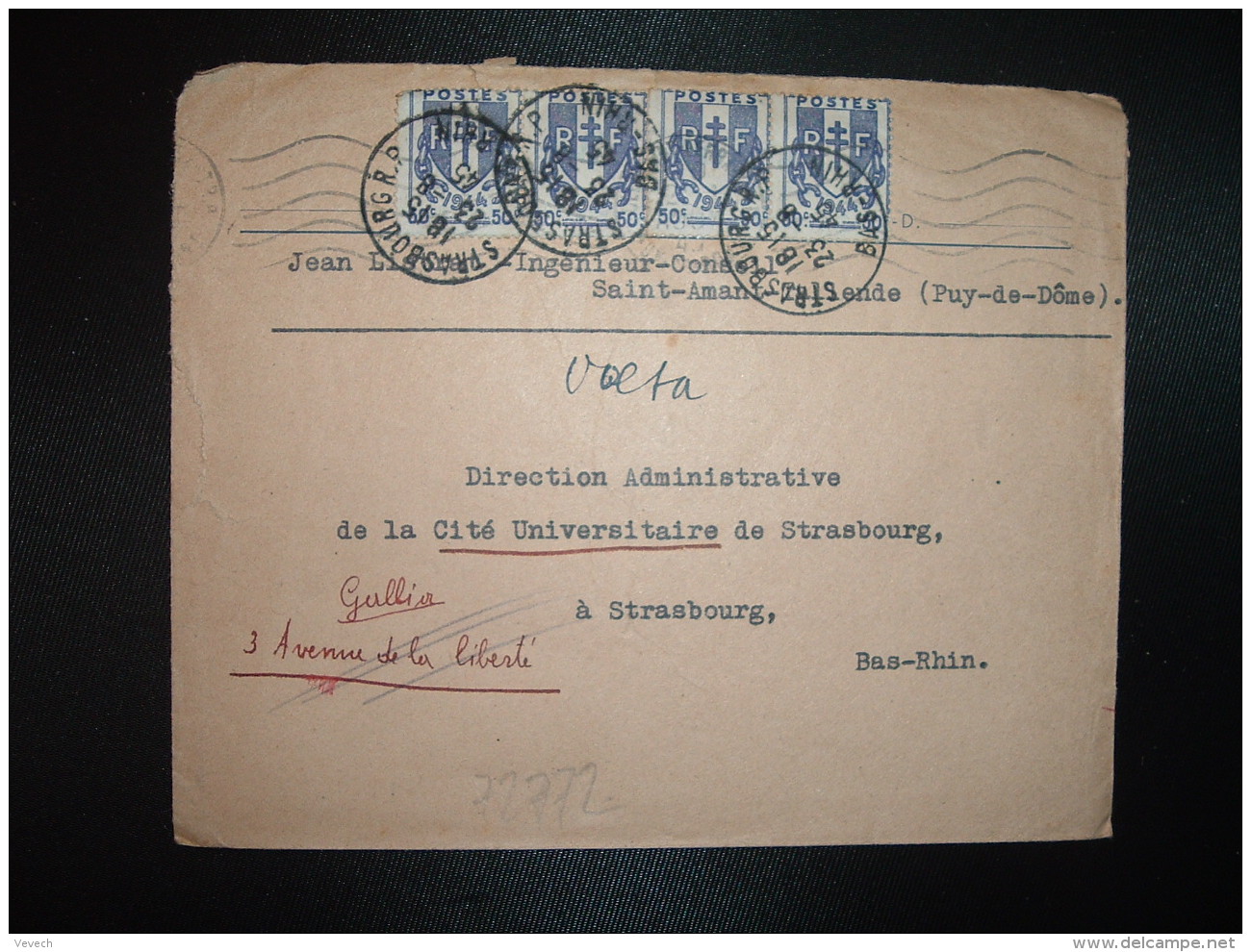 LETTRE TP CHAINES BRIS2EES 50c X4 OBL.MEC. + OBL.23-8 45 STRASBOURG RP BAS-RHIN (67) - Autres & Non Classés