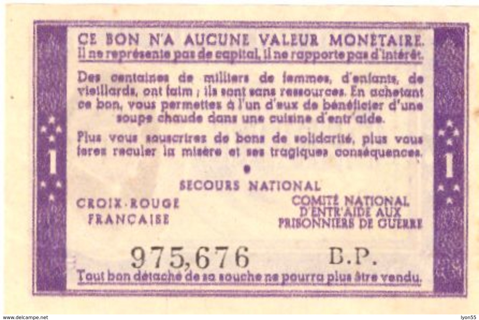 Bon De Solidarité 1 FRANC Profil Pétain 1942 Ou 1943 - Billets De Loterie