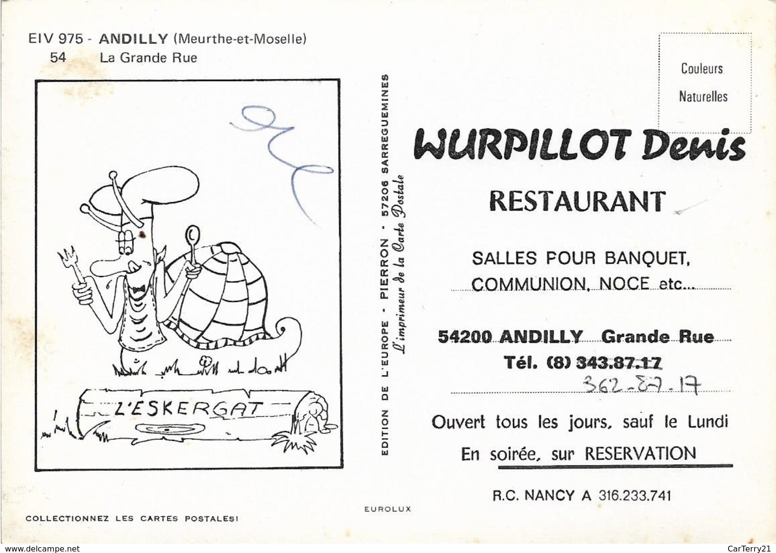 CPSM. ANDILLY. LA GRANDE RUE. R4. VERSO: PUBLICITE RESTAURANT L'ESKERGAT (ILLUSTRATION ESCARGOT). - Autres & Non Classés