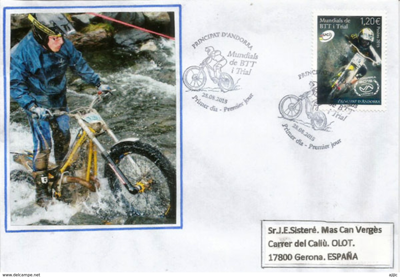 ANDORRA. CHAMPIONNAT DU MONDE DE VTT ET TRIAL En ANDORRE 2015. Une Lettre FDC Adressée En Espagne - Mountain Bike