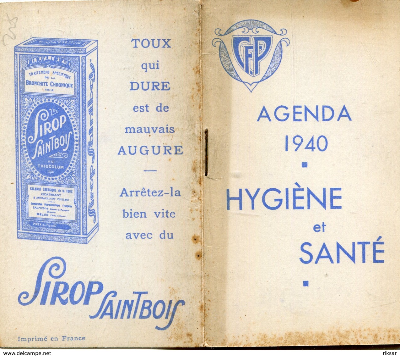 AGENDA 1940(HYGIEN ET SANTE) SIROP SAINTBOIS - Petit Format : 1921-40