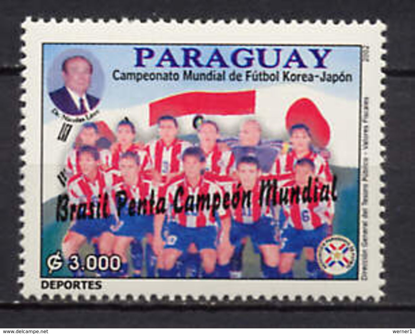 Paraguay 2002 Football Soccer World Cup Stamp With Winners Overprint MNH - 2002 – South Korea / Japan