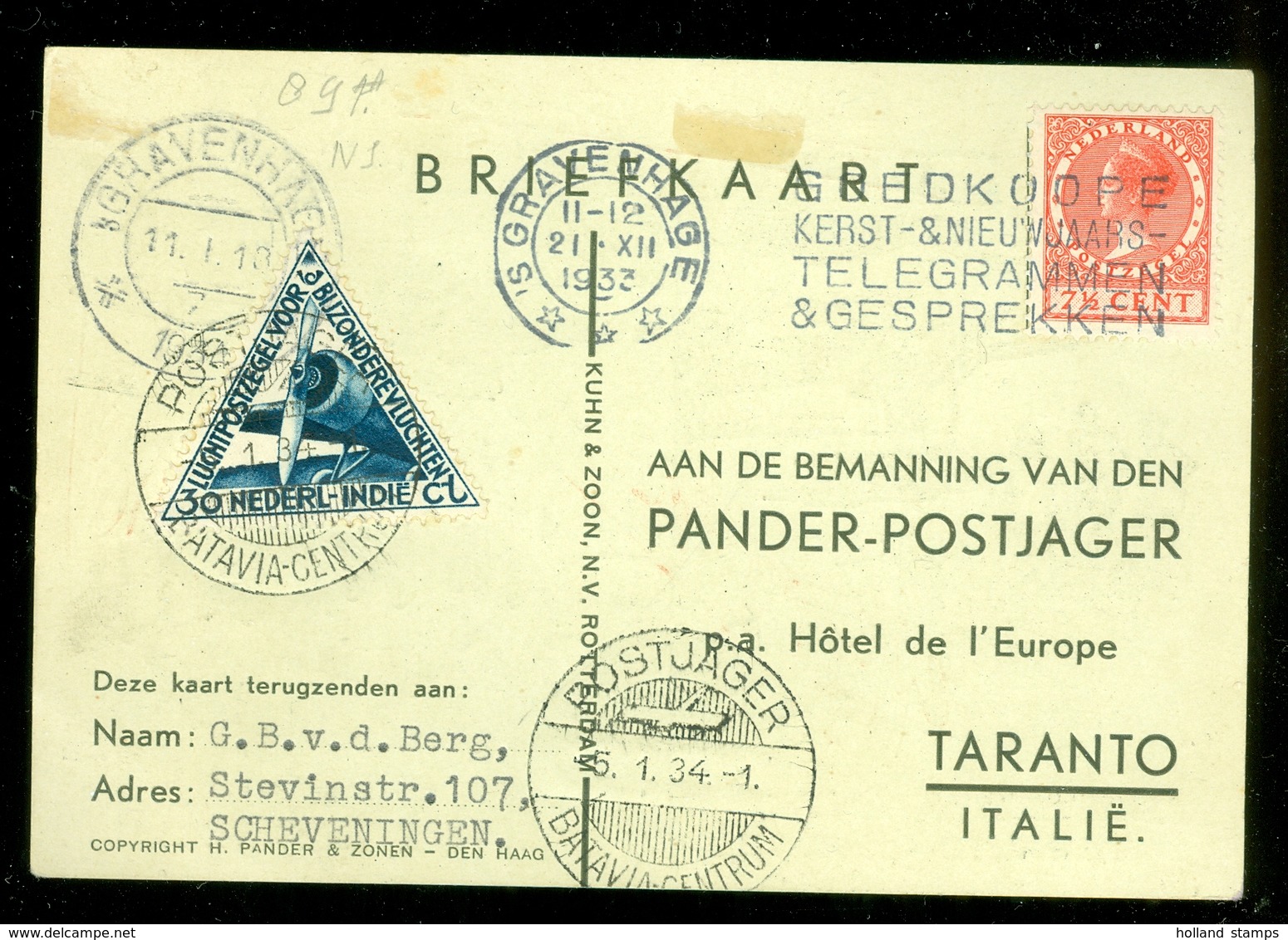 L.P. BRIEFOMSLAG Uit 1934 Per POSTJAGER DEN HAAG Via BATAVIA Via TARANTO Naar SCHEVENINGEN + Handtek. Bemanning (11.187) - Airmail