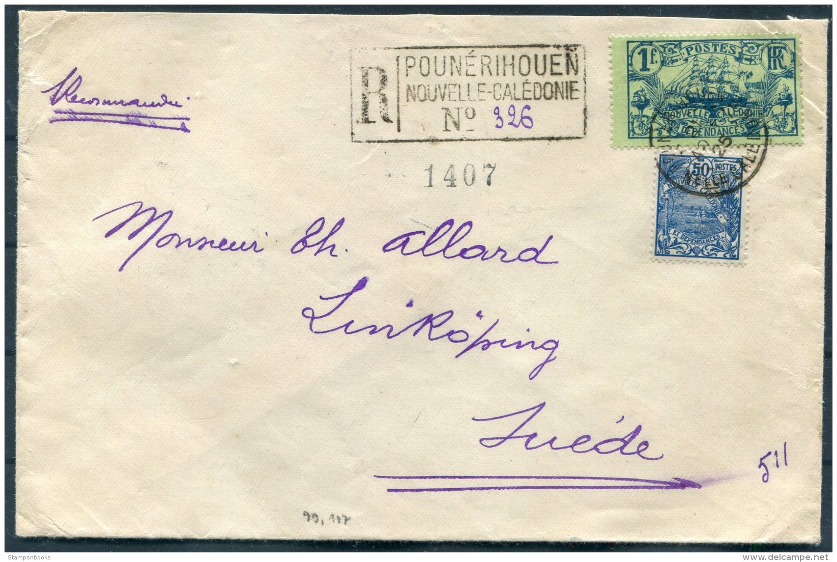 1925 New Caledonia Registered Cover Pounerihouen - Linkoping Sweden - Lettres & Documents