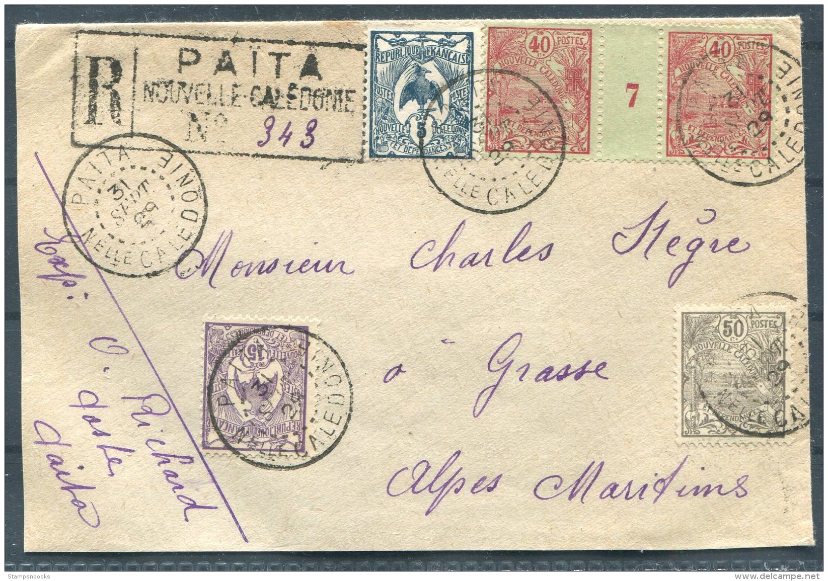 1929 New Caledonia Registered Cover Paita - Grasse France - Covers & Documents