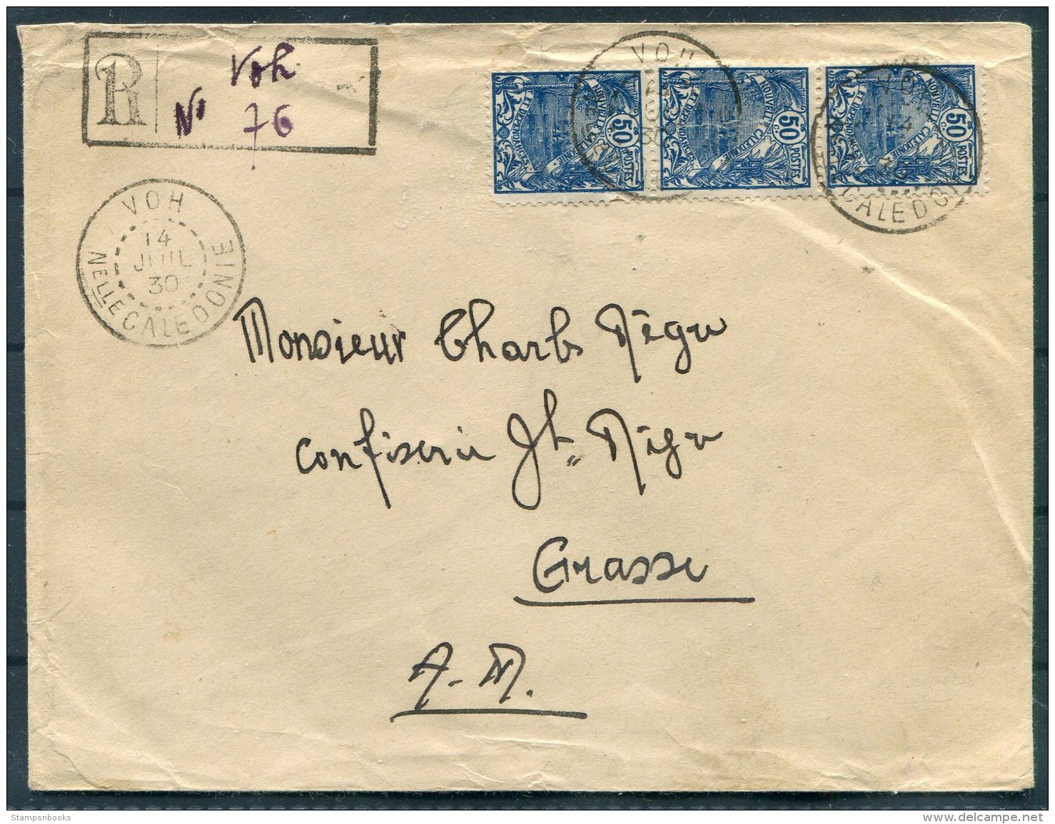 1930 New Caledonia Provisional Registered Cover (Manuscript) Voh - Grasse France - Covers & Documents