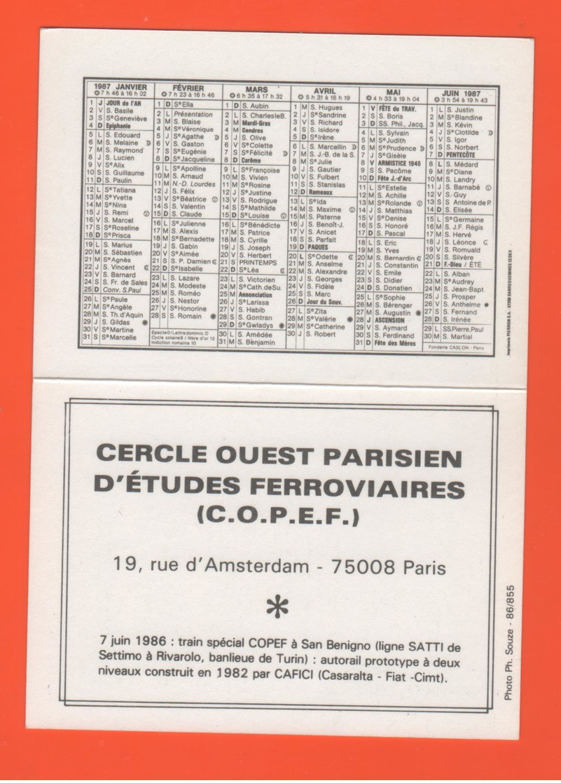ET/A/ CALENDIER 1987 CERCLE PARISIEN TRAIN COPEF A SAN BENIGNO LIGNE SATTI SETTIMO A RIVEROLO BANLIEU DE TURIN AUTORAIL - Petit Format : 1981-90