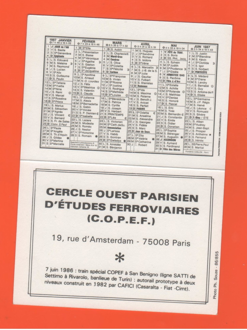 ET/A/ CALENDIER 1987 CERCLE PARISIEN TRAIN COPEF A SAN BENIGNO LIGNE SATTI SETTIMO A RIVEROLO BANLIEU DE TURIN  AUTORAIL - Petit Format : 1981-90