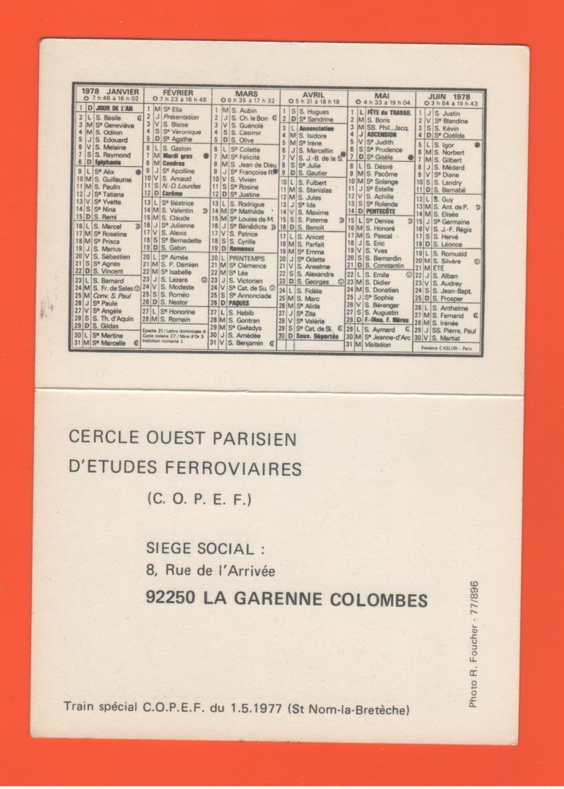 ET/A/ CALENDIER 1978 CERCLE OUEST PARISEIN C O P E F TRAIN SPECIAL  ST SAINT NOM LA BRETECHE - Petit Format : 1971-80