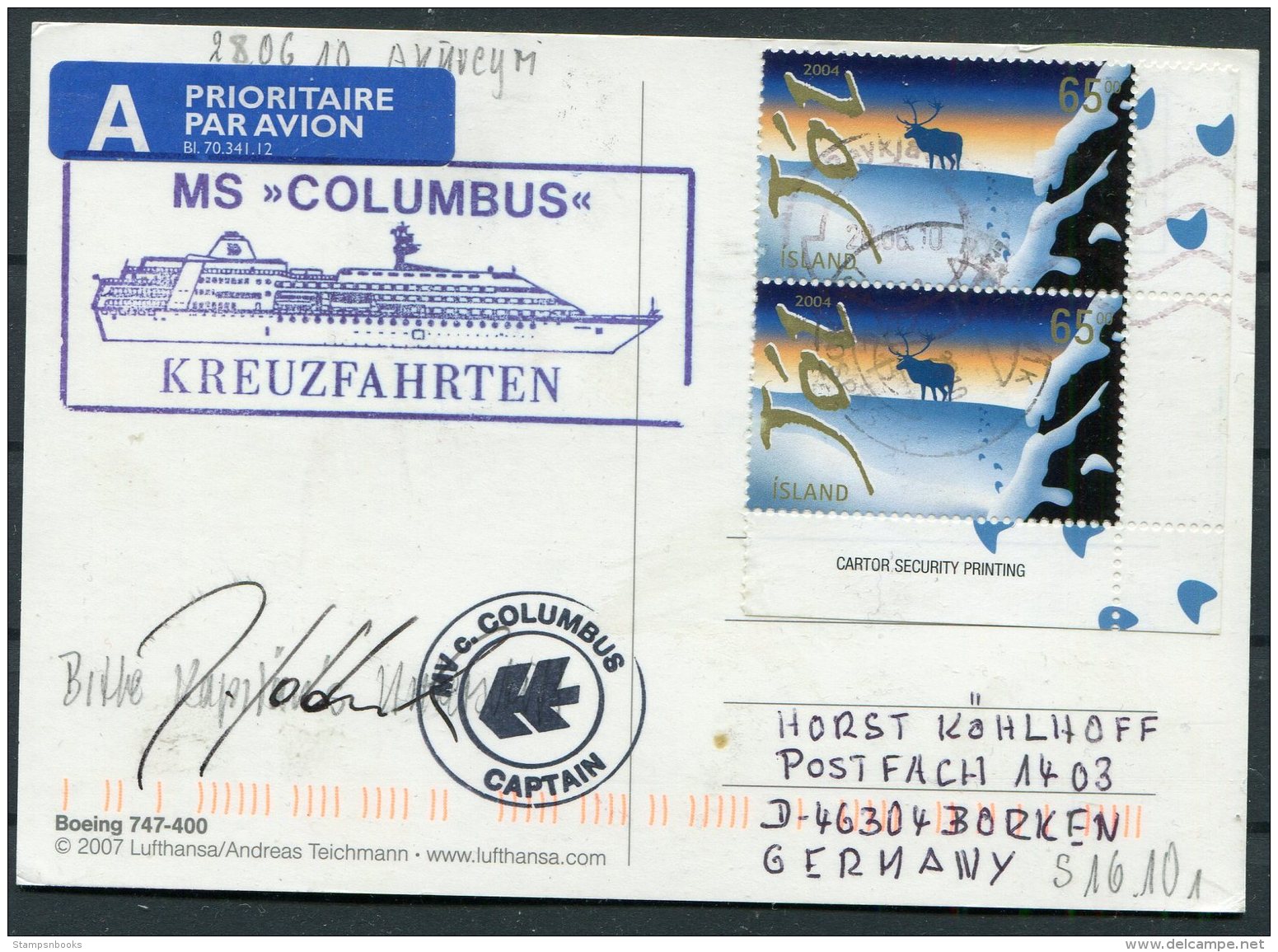 2010 Iceland 'Columbus' Polar Ship Postcard, Signed Captain - Covers & Documents