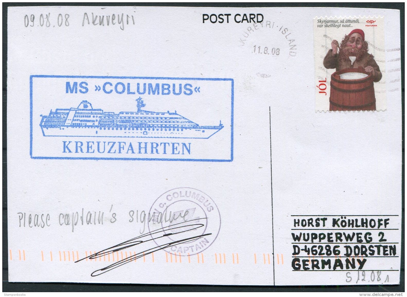 2008 Iceland 'Columbus' Polar Ship Postcard, Signed Captain - Covers & Documents