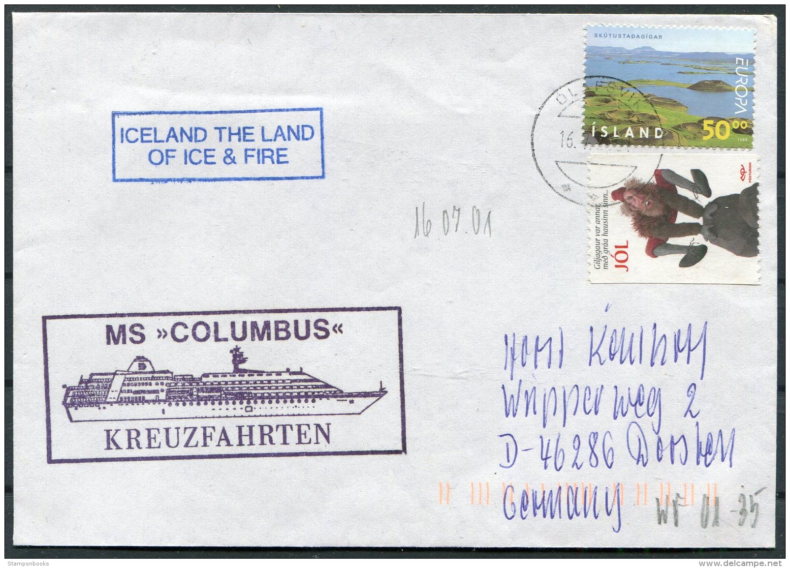 2001 Iceland 'Columbus' Polar Ship Cover - Brieven En Documenten