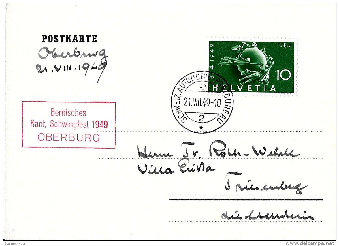 111 - 54 - Carte Avec Oblit Spéciale "Bernisches Kant. Schwingfest 1949 Oderburg 1949" - Marcophilie