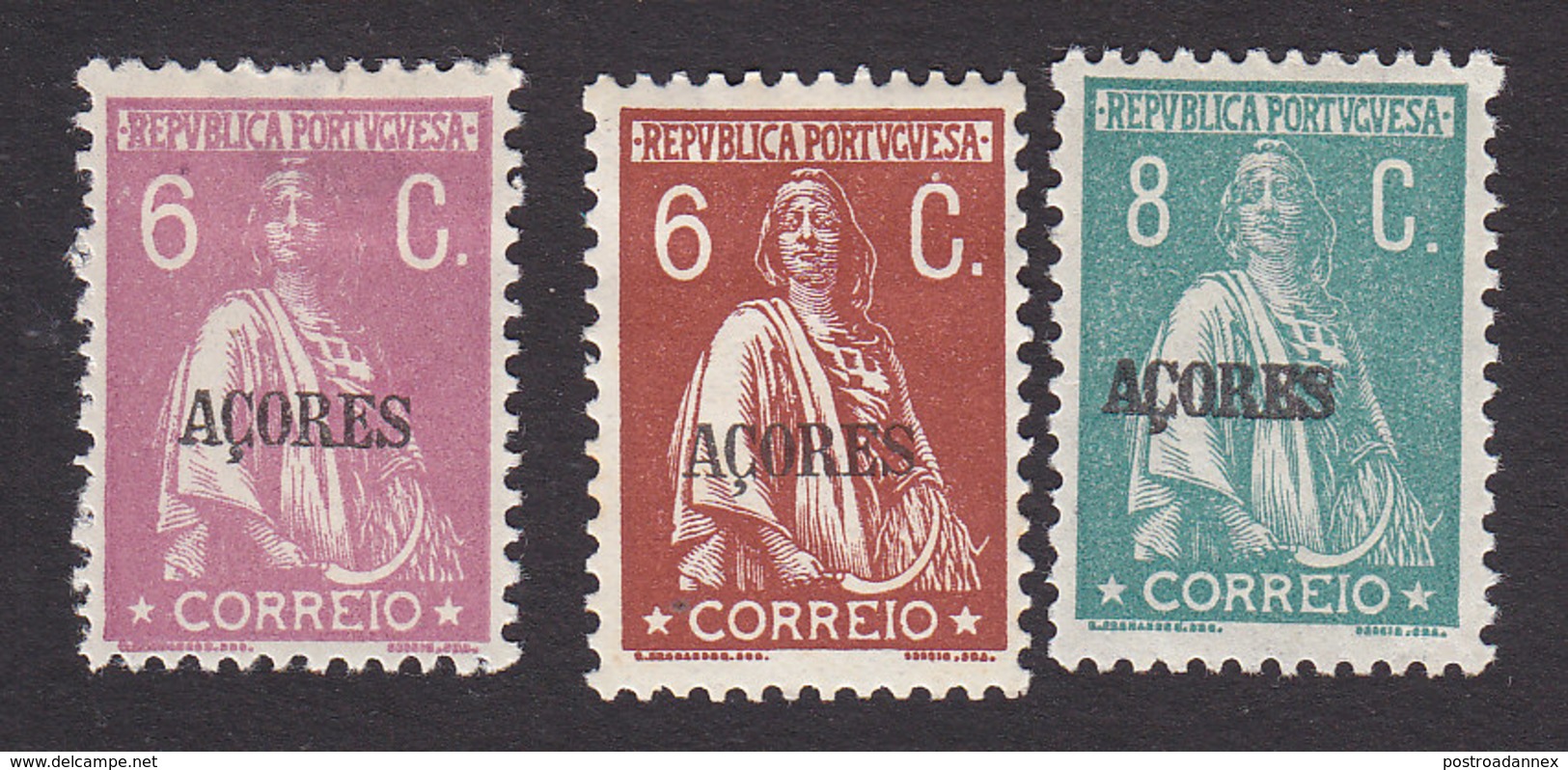 Azores, Scott #173, 175, 179, Mint Hinged, Ceres Overprinted, Issued 1912 - Açores