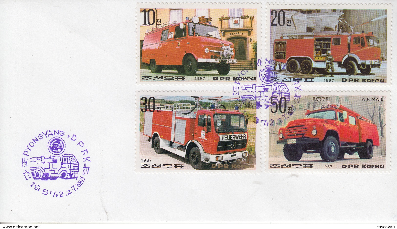 Enveloppe  FDC   1er   Jour   COREE  DU  NORD   Véhicules  De   SAPEURS - POMPIERS   1987 - Sapeurs-Pompiers