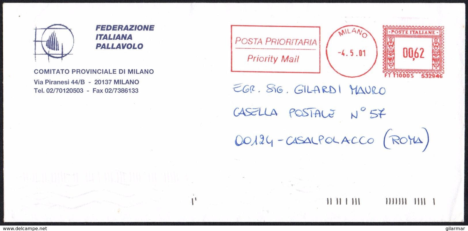 VOLLEYBALL - ITALIA MILANO 2001 - METER / EMA FEDERAZIONE ITALIANA PALLAVOLO - COMITATO PROVINCIALE MILANO - VIAGGIATA - Pallavolo