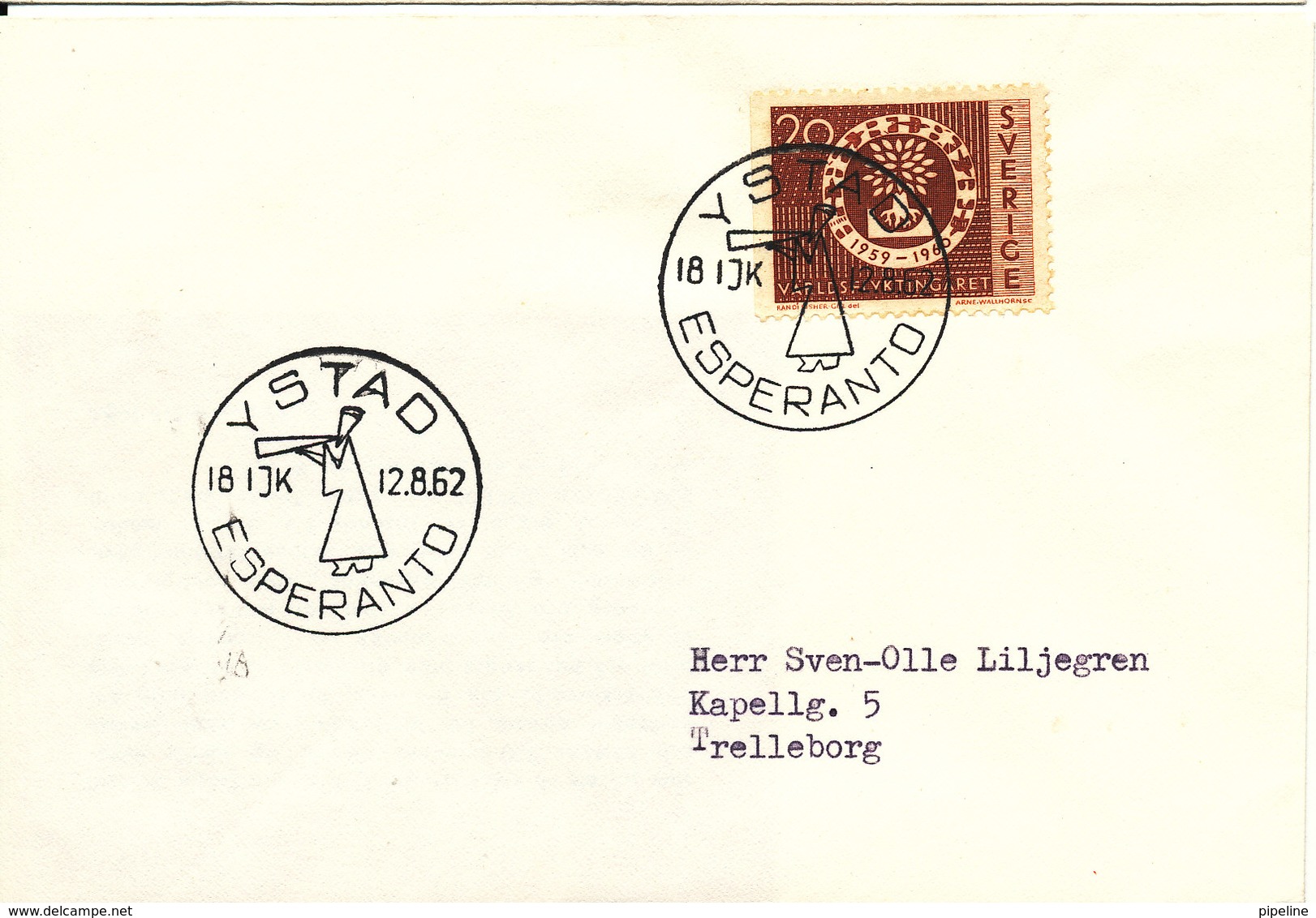 Sweden Cover Ystad 12-8-1962 With ESPERANTO Postmark - Esperanto