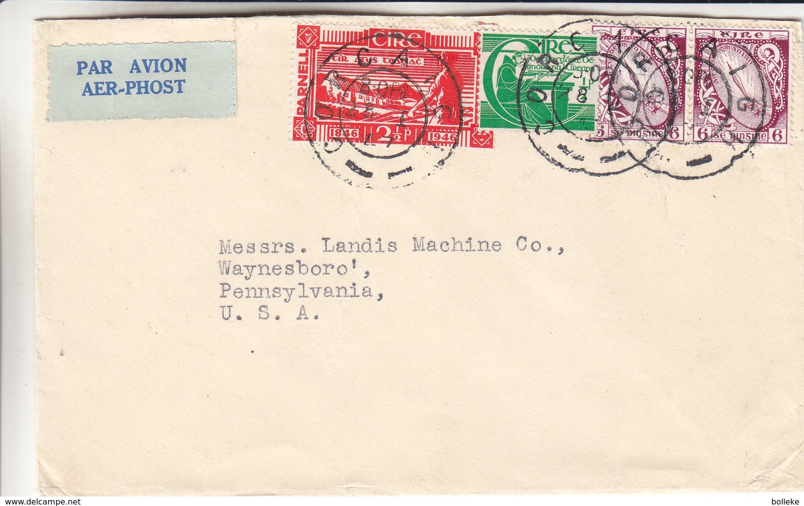 Irlande - Lettre De 1947 - Oblit Corcaigh - Exp Vers Pennsylvania - épée - Laboureur - Covers & Documents