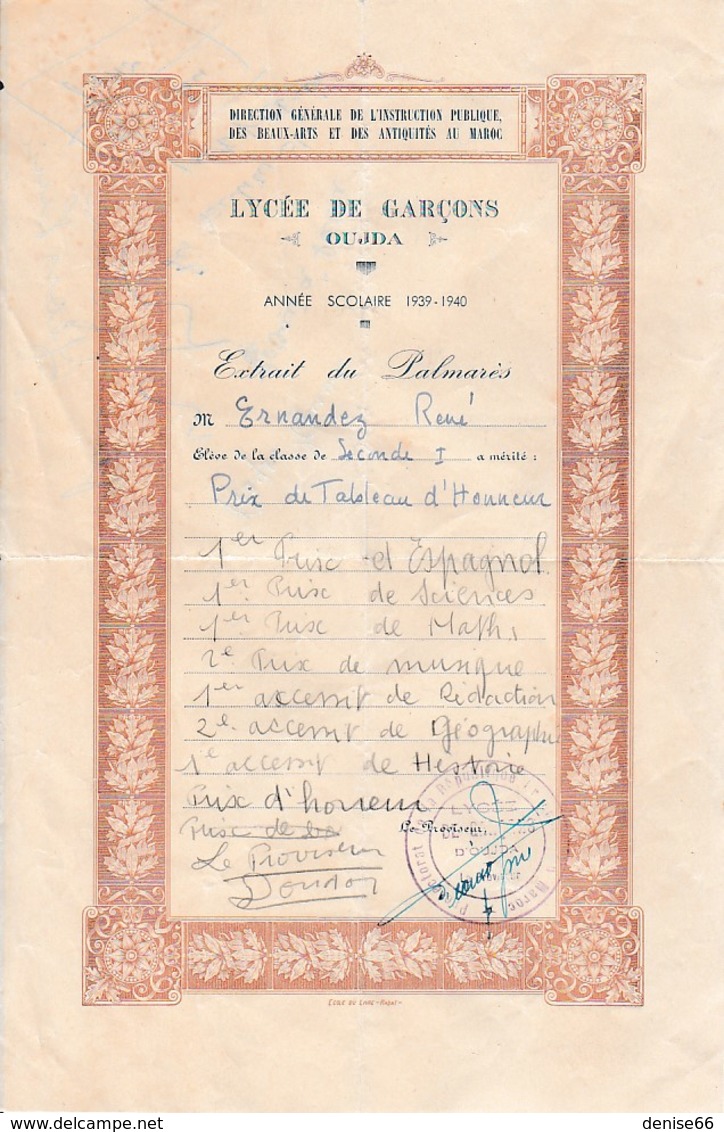 1939/40 - OUJDA (Maroc) LYCÉE DE GARÇONS - Extrait Du Palmarès - PRIX DE TABLEAU D'HONNEUR - Documents Historiques