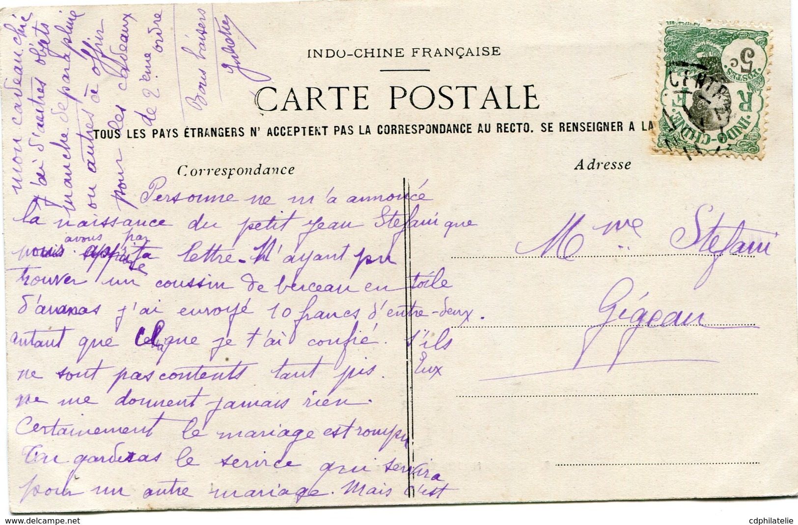 INDOCHINE CARTE POSTALE DE COCHINCHINE -PAYSAGE -TYPE DE ZEBU AYANT VOYAGEE - Lettres & Documents