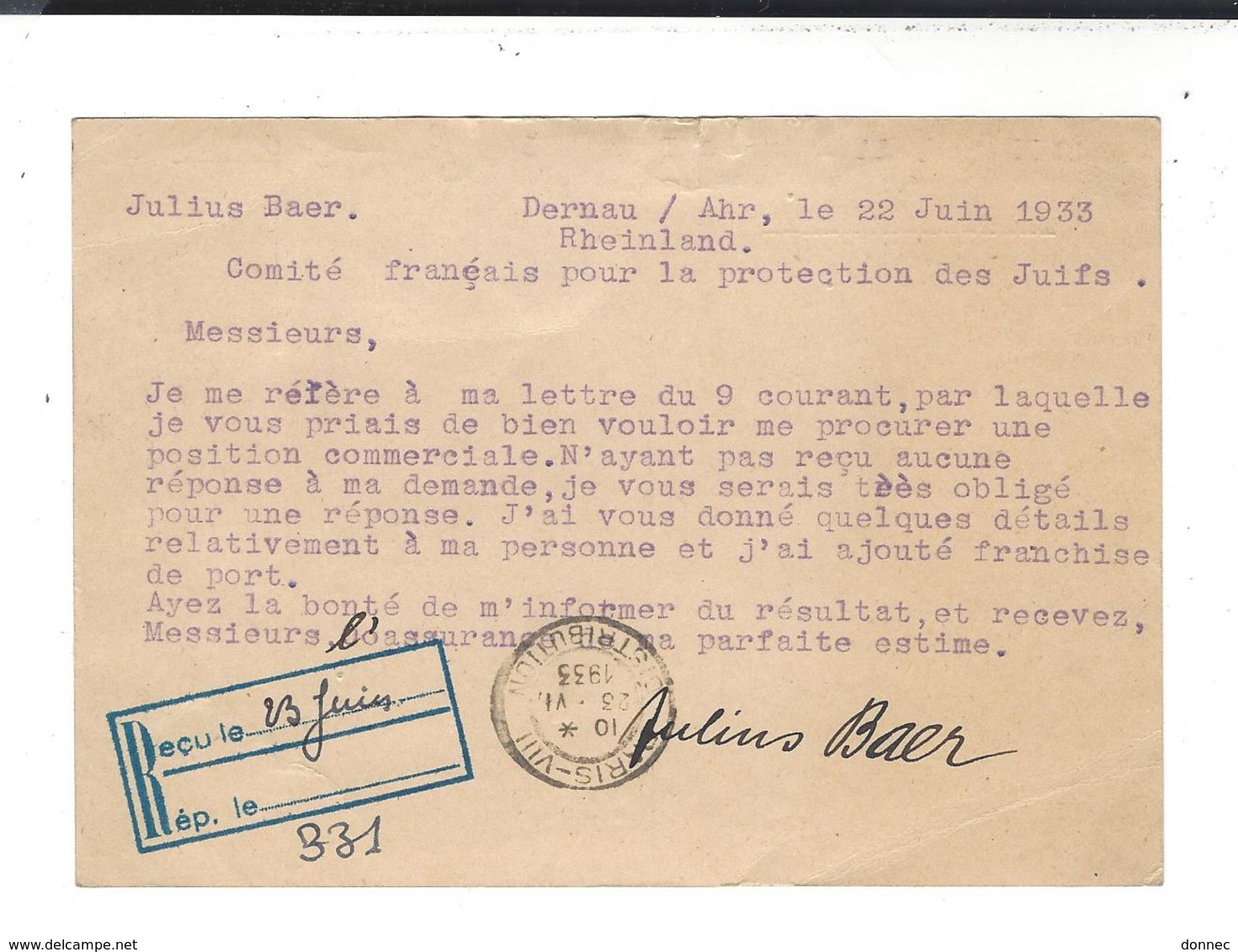 Judaica Julius Baer Dernau Ahr Au Comité Français Pour La Protection Des Juifs 22.6.1933 - Otros & Sin Clasificación