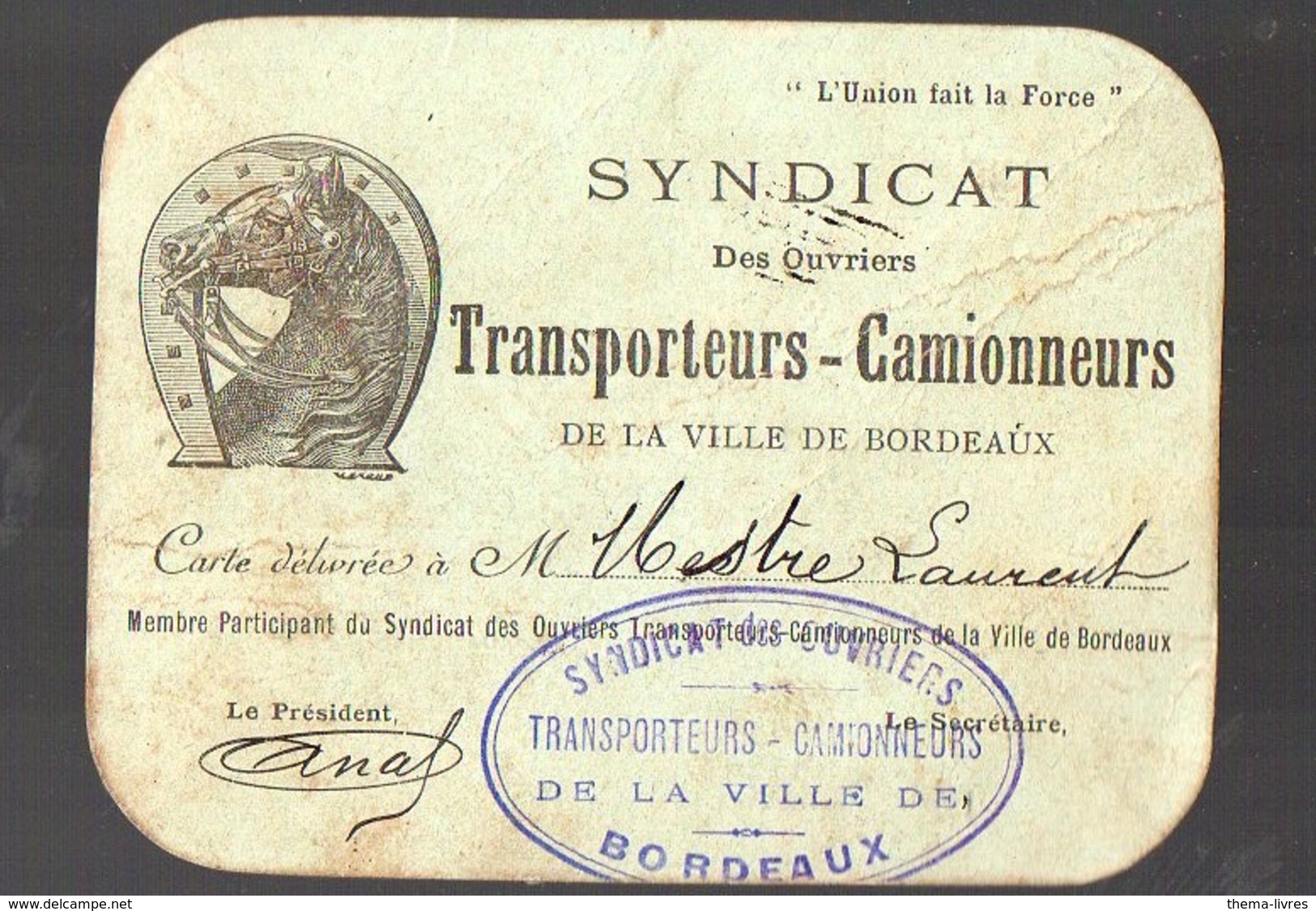 Bordeaux (33 Gironde) Carte Du Syndicat Des Transporteurs Camionneurs (PPP13561) - Unclassified