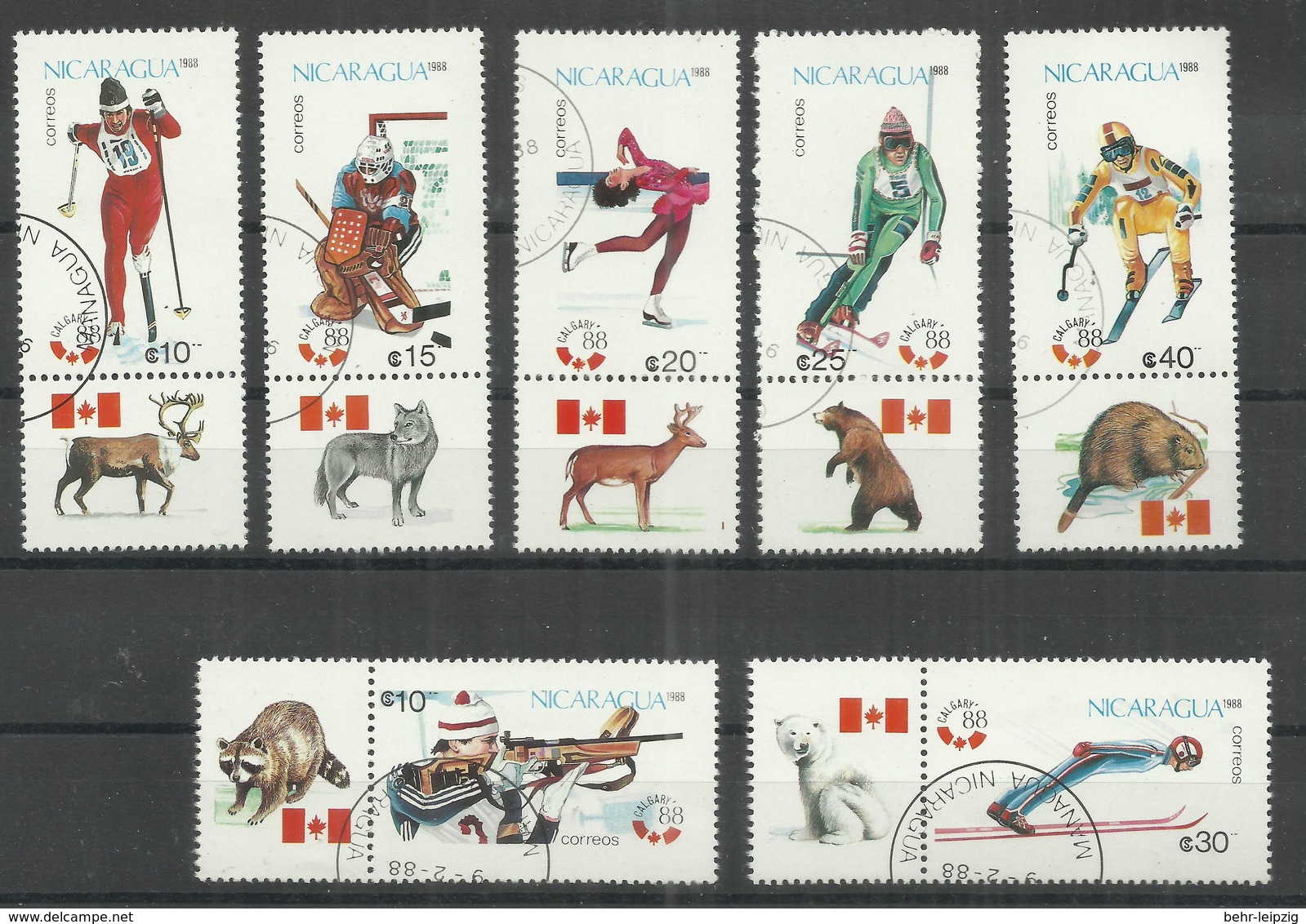 Nicaragua 2843-49, "7 Briefmarken Zur Winter-Oly Calgary'88, Satz Kpl." Gestempelt: 3,00 - Nicaragua