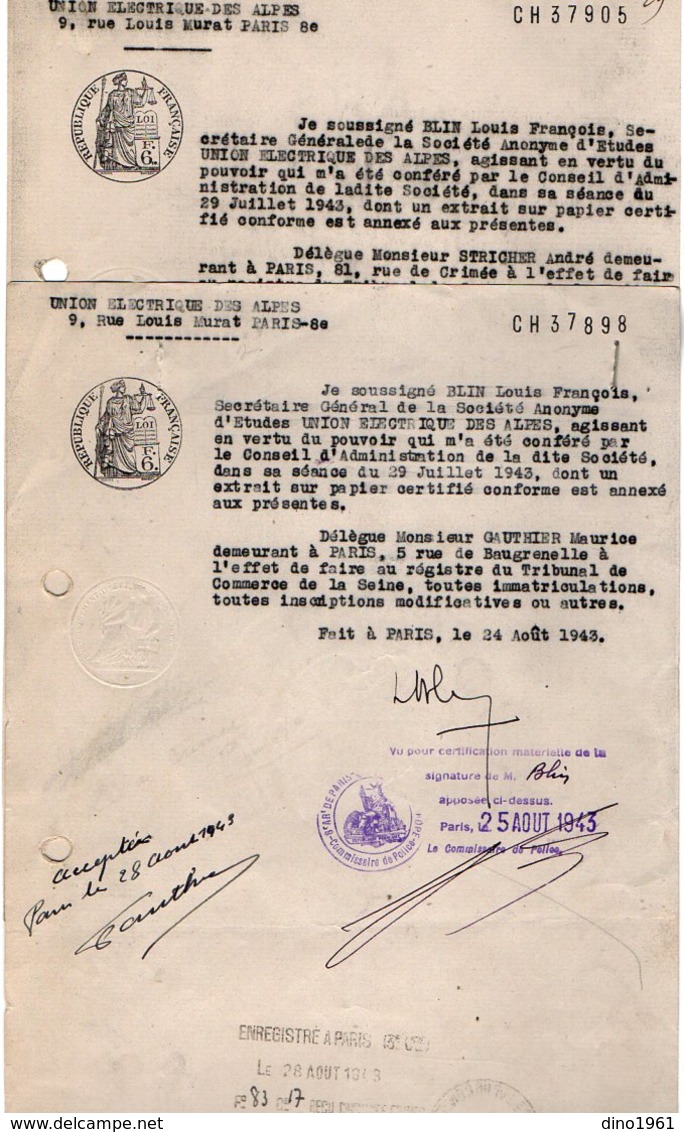 VP12.547 - 2 Actes De 1943 Concernat La Société D'Etudes ¨ Union Electrique Des Alpes ¨ - Elettricità & Gas