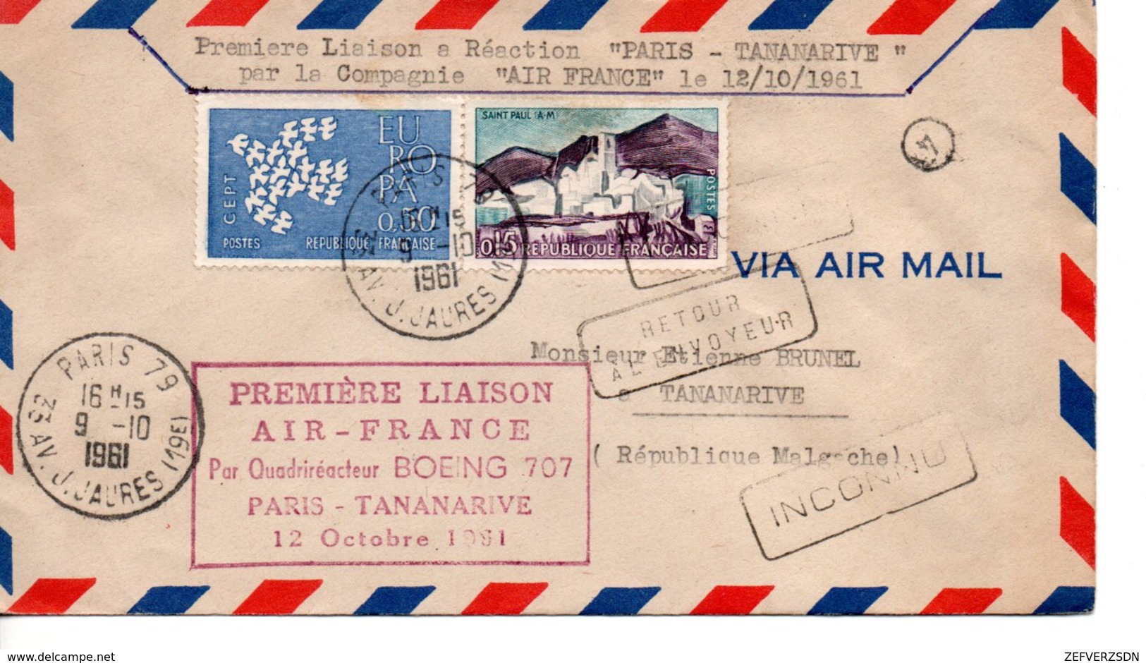 AIR FRANCE BOEING PARIS TANANARIVE MADAGASCAR AVION AVIATION ENVELOPPE OBLITERARTION CACHETS CACHET - Covers & Documents