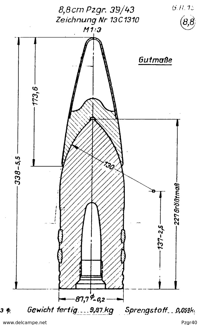 German Shell 8,8 Cm Pzgr 39 Tank King Tiger II Allemand Char Tigre Royal Inerte Obus WWII - Armes Neutralisées