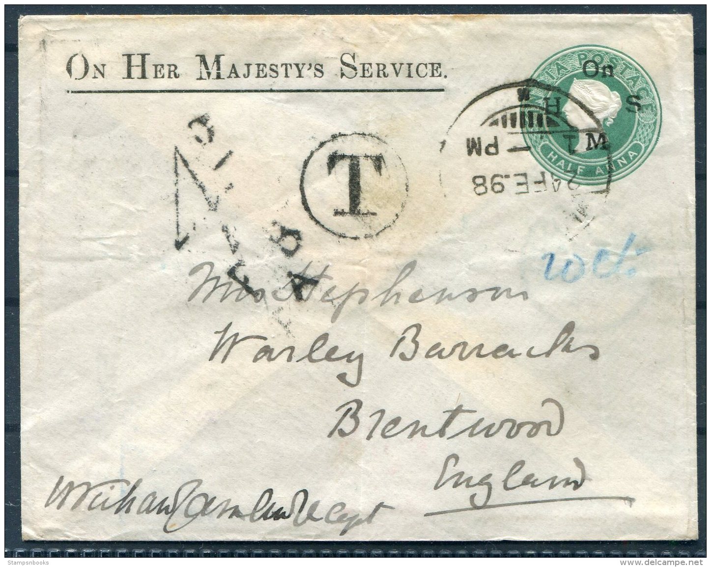 1898 GB India QV OHMS Royal Service Stationery Cover. Postage Due, Taxe, Sea Post Office - Brentwood Barracks, England - 1882-1901 Empire