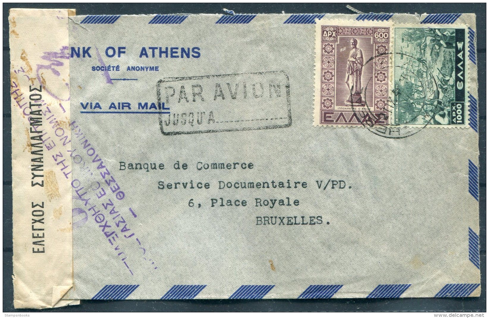 Greece Bank Of Athens Censor Airmail Cover - Banque De Commerce, Bruxelles Belgium. Jusqu'a Par Avion - Covers & Documents