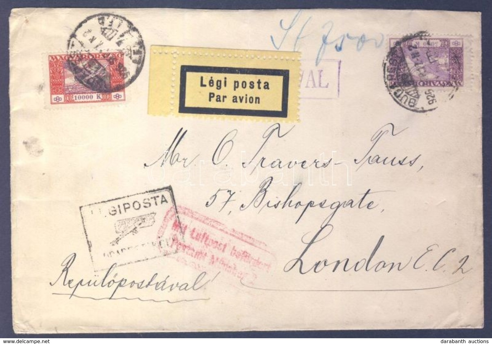 1926 Légi Levél Londonba 'BUDAPEST-KÖLN' Légi Irányító Bélyegz?vel / Airmail Cover To London With 'BUDAPEST-KÖLN' Airmai - Altri & Non Classificati