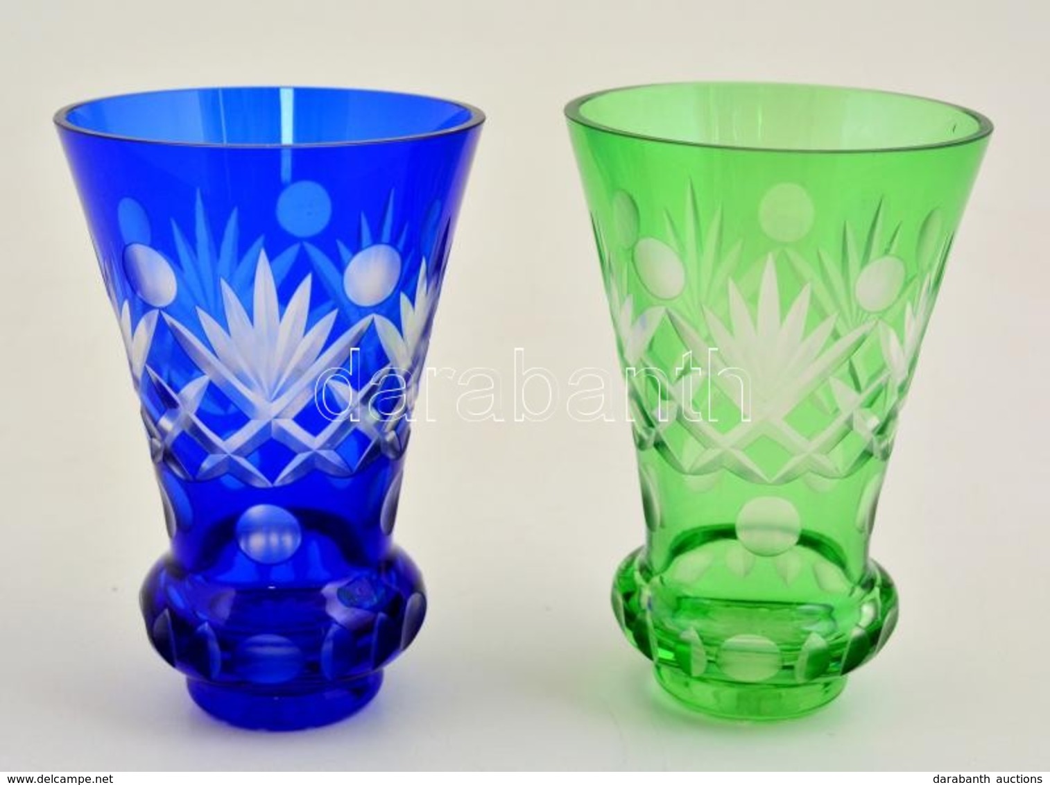 Kék és Zöld Csiszolt üveg Vázák, Hibátlanok, M: 13,5 Cm, D: 9,5 Cm - Vetro & Cristallo
