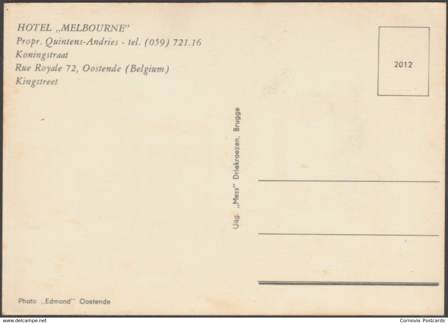 Hotel Melbourne, Oostende, West-Vlaanderen, C.1960s - Mess Briefkaart - Oostende