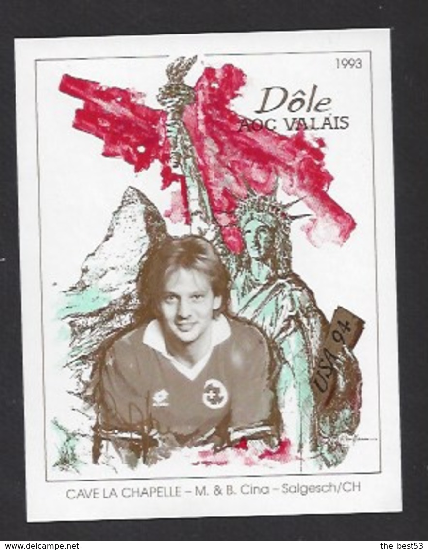 Etiquette De Vin Dole AOC Valais 1993  -  Coupe Du Monde De Foot USA 1994  -  Equipe De Suisse  -  Illustrateur ? - Soccer