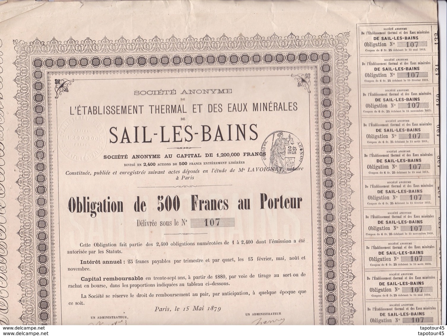 Actions & Titres "Sail Les Bains 1879" - Autres & Non Classés