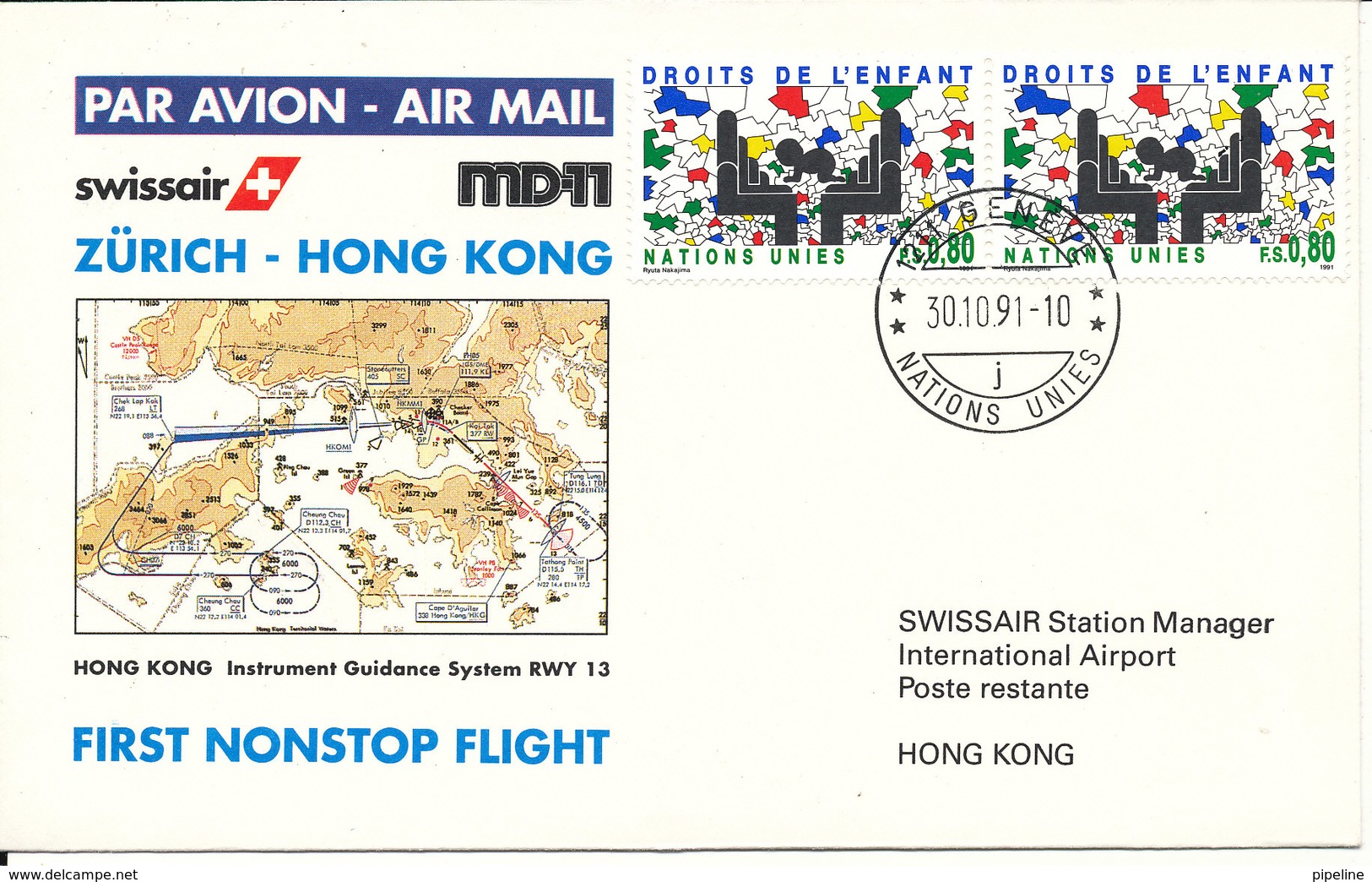Switzerland UN Geneva First Flight Cover Swissair Zurich - Hong Kong 30-10-1991 - Brieven En Documenten