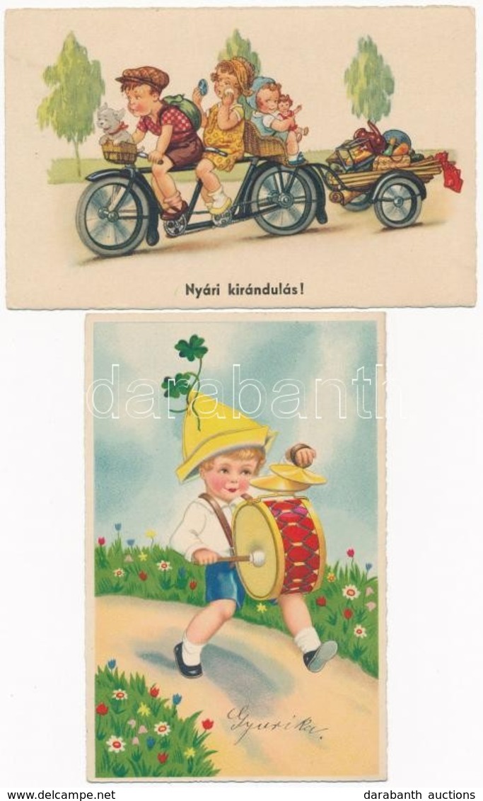 ** 2 Db RÉGI Gyerek Motívumlap,kerékpározók és Doboló Kisfiú / 2 Pre-1945 Children Motive Cards, Cycling And Drumming Ch - Non Classificati