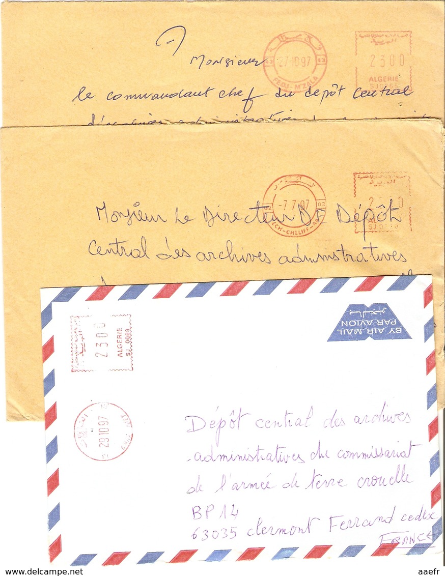 Algérie 1997 - Petit Lot De 3 Lettres - Fedj M'Zala/Ech Cheliff/Ghazao à Clermont Ferrand - Commissariat Armée De Terre - Algérie (1962-...)